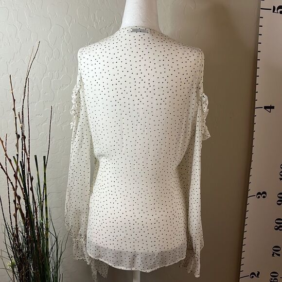 red Haute Black polkadot wrap front blouse with cold shoulder. Long sleeves. - Picture 6 of 13